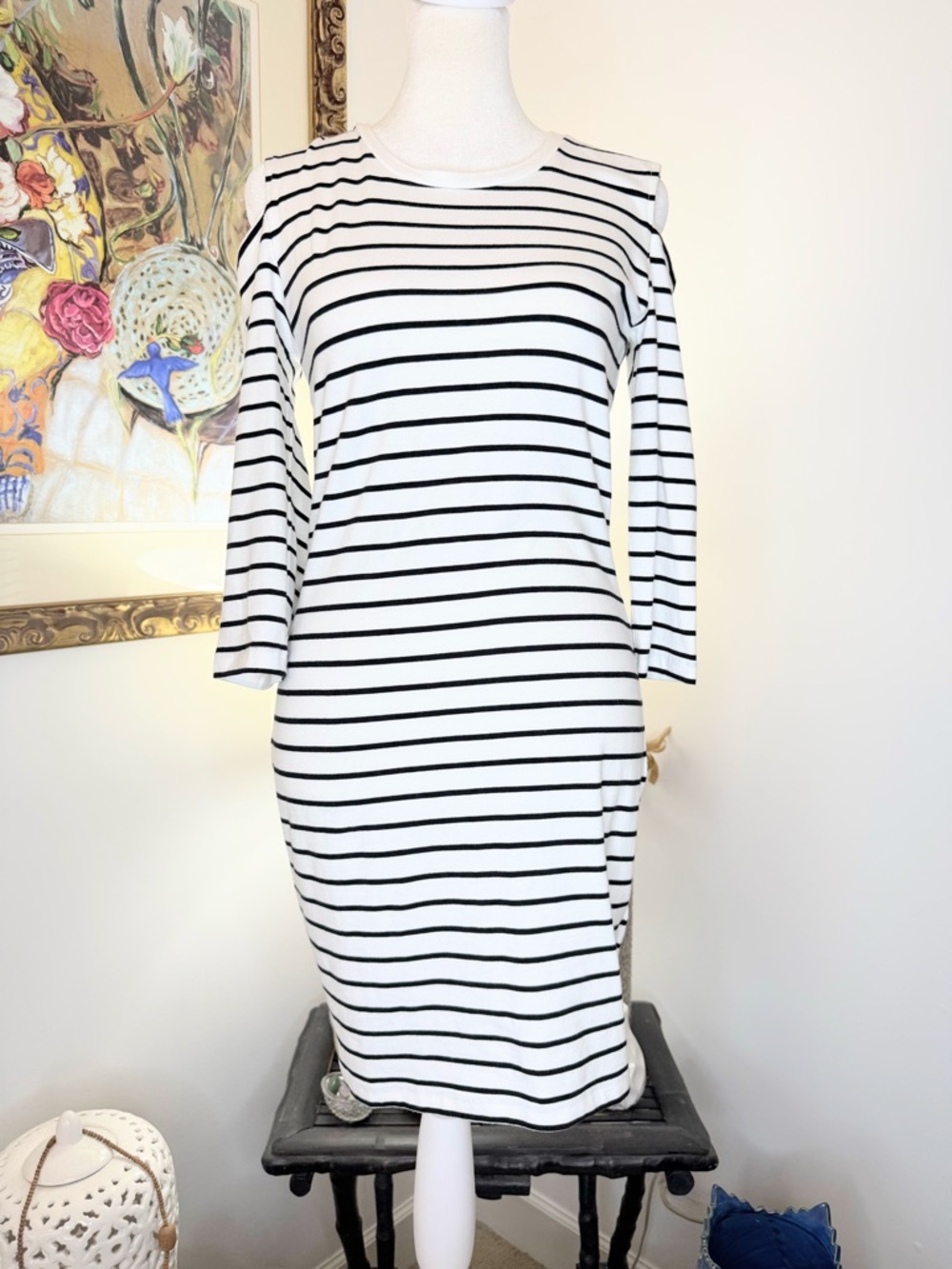 French Connection Striped Cold Shoulder Dress White Black Size 6 NWT